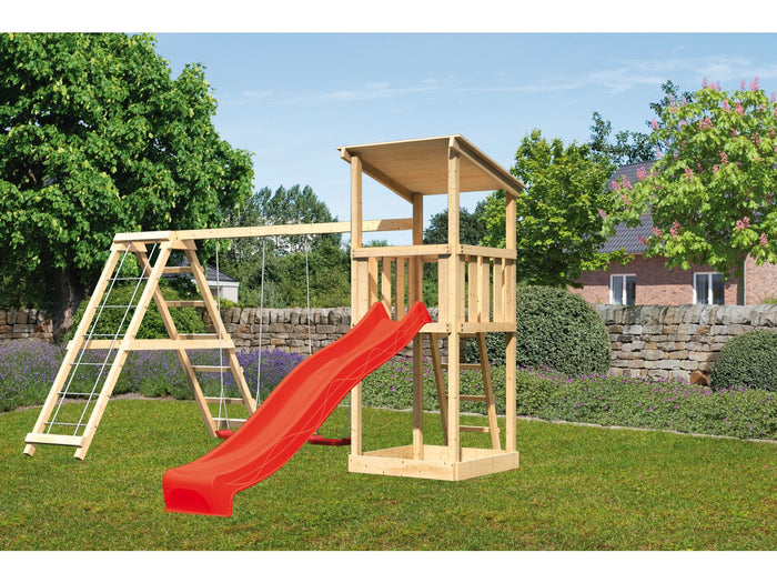 Karibu Spielturm Anna + Rutsche rot + Doppelschaukelanbau Klettergerüst