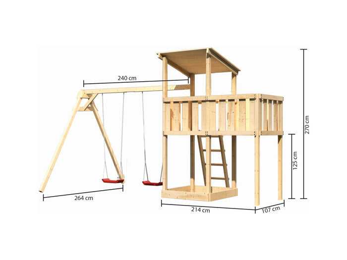 Karibu Spielturm Anna + Doppelschaukel + Anbauplattform