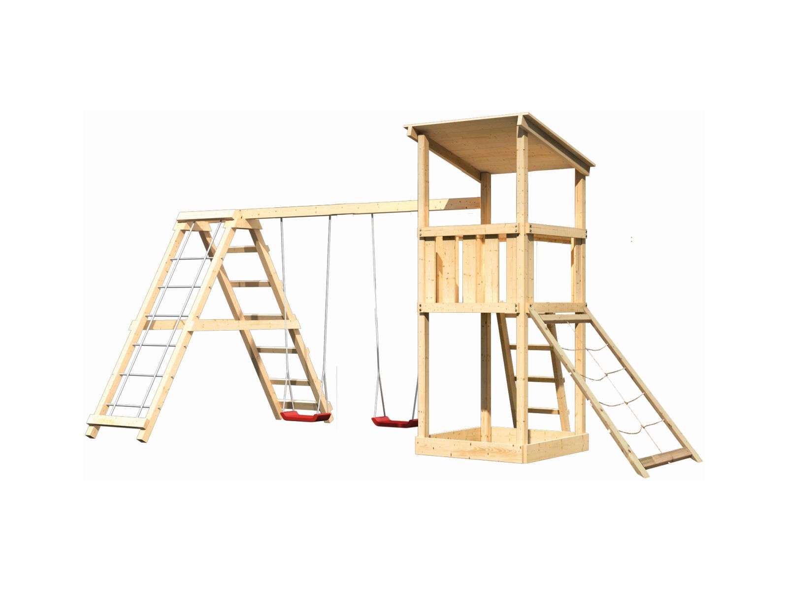 Karibu Spielturm Anna + Doppelschaukelanbau Klettergerüst + Netzrampe