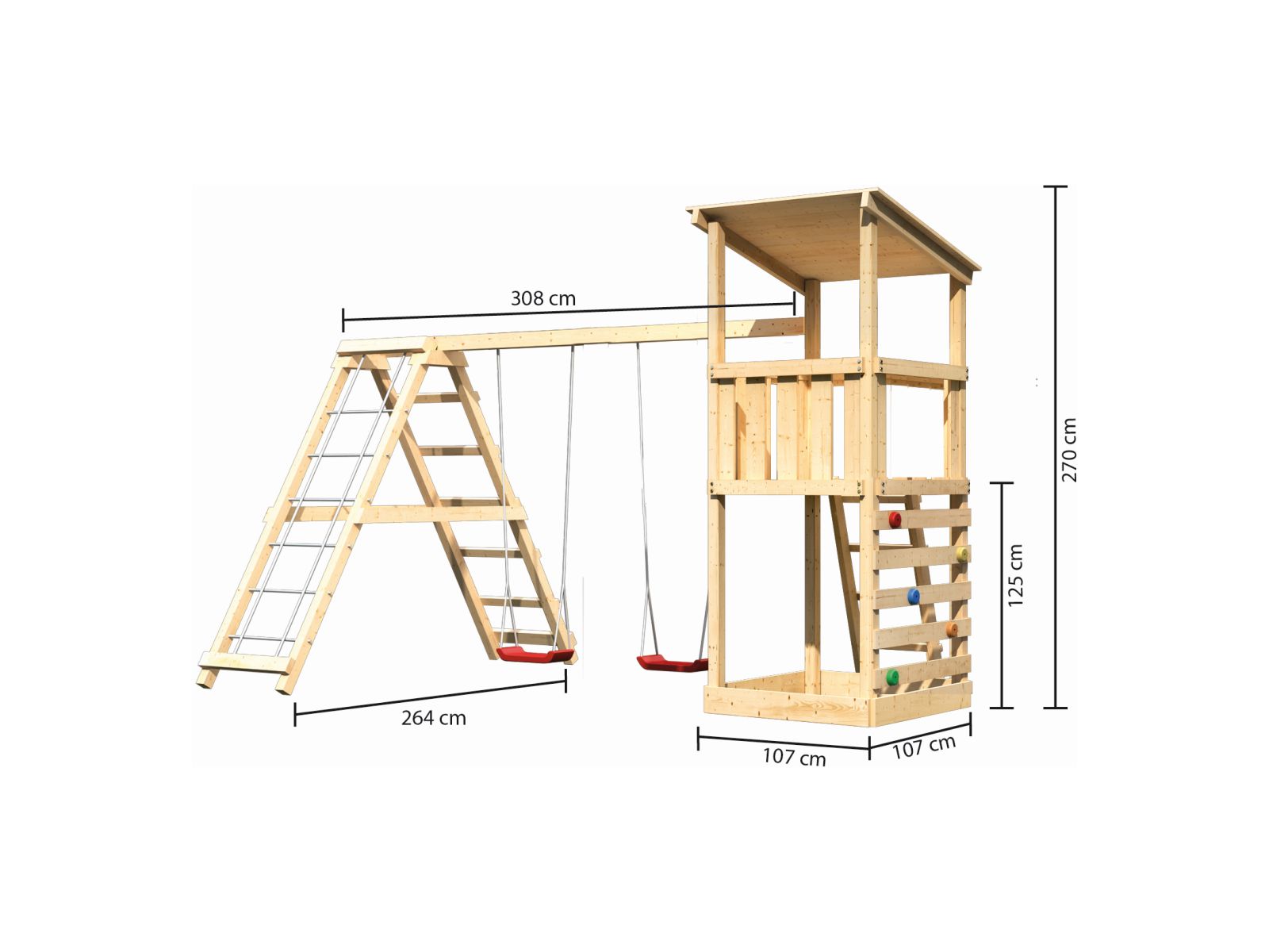 Karibu Spielturm Anna + Doppelschaukelanbau Klettergerüst + Kletterwand