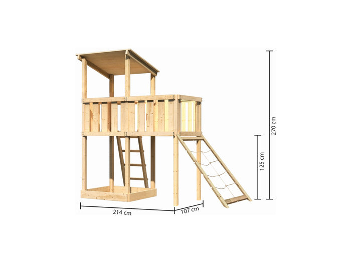Karibu Spielturm Anna + Anbauplattform + Netzrampe