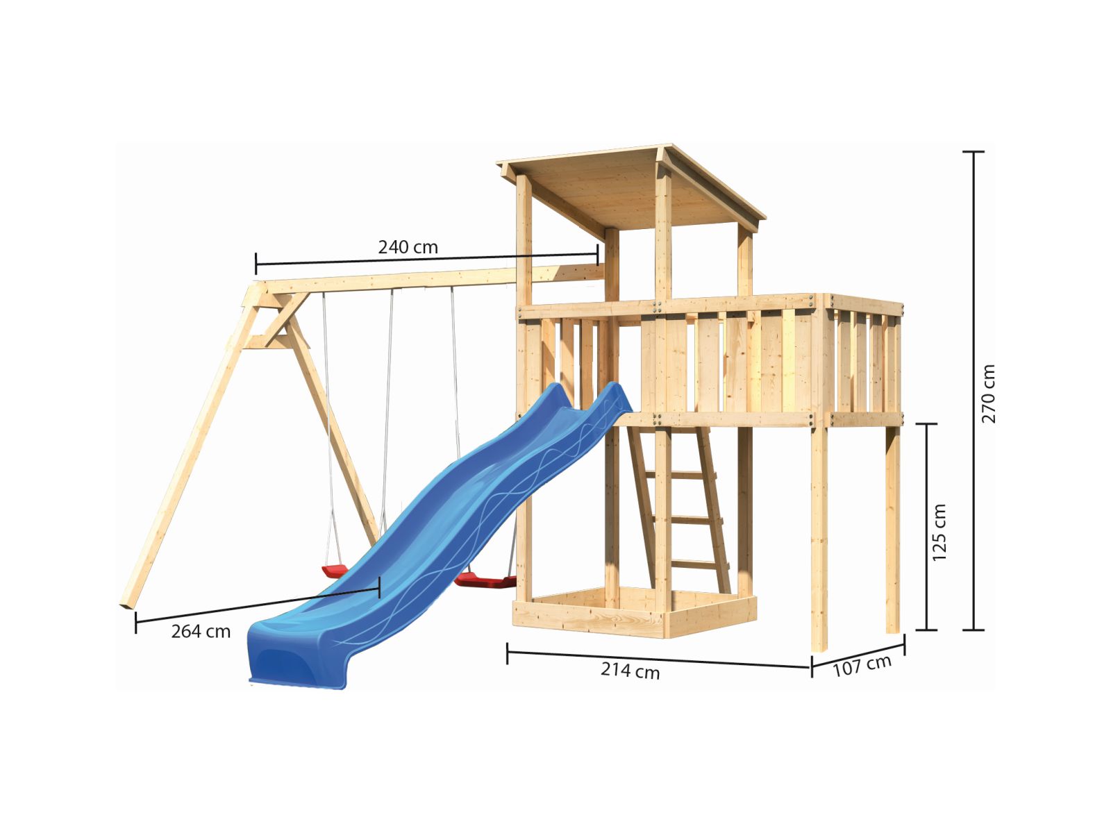 Karibu Spielturm Anna + Rutsche blau + Doppelschaukel + Anbauplattform