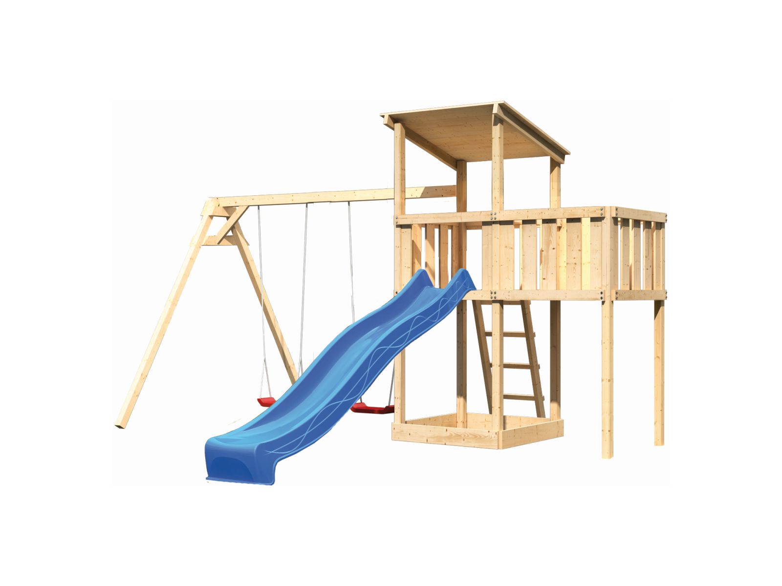 Karibu Spielturm Anna + Rutsche blau + Doppelschaukel + Anbauplattform
