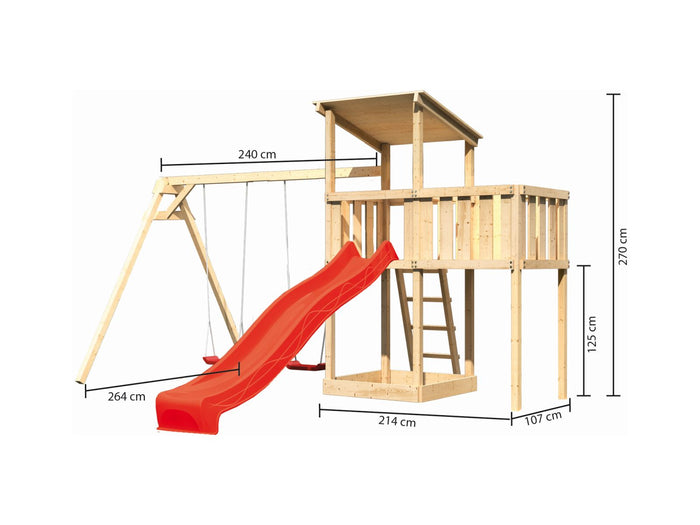 Karibu Spielturm Anna + Rutsche rot + Doppelschaukel + Anbauplattform