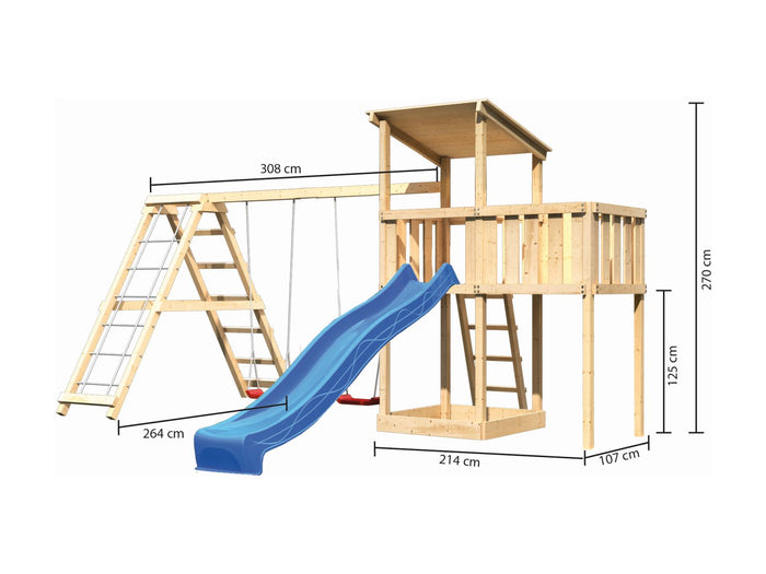 Karibu Spielturm Anna + Rutsche blau + Doppelschaukelanbau Klettergerüst + Anbauplattform