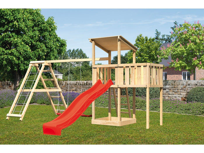 Karibu Spielturm Anna + Rutsche rot + Doppelschaukelanbau Klettergerüst + Anbauplattform