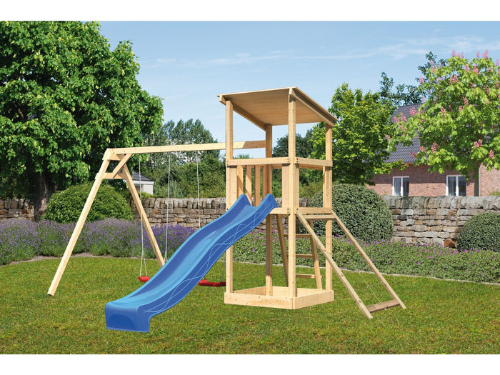 Karibu Spielturm Anna + Rutsche blau + Doppelschaukel + Netzrampe