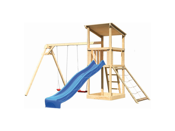 Karibu Spielturm Anna + Rutsche blau + Doppelschaukel + Netzrampe