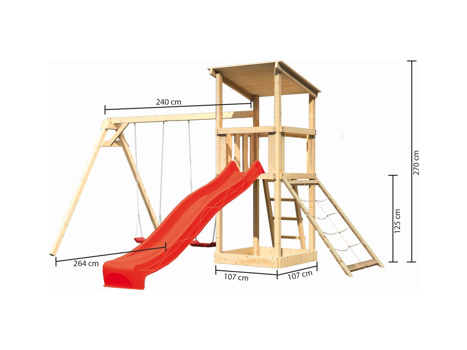 Karibu Spielturm Anna + Rutsche rot + Doppelschaukel + Netzrampe
