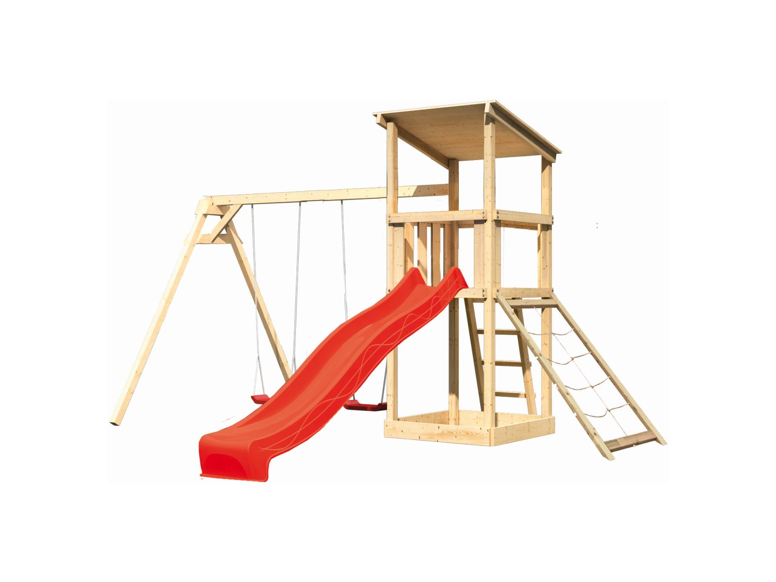 Karibu Spielturm Anna + Rutsche rot + Doppelschaukel + Netzrampe