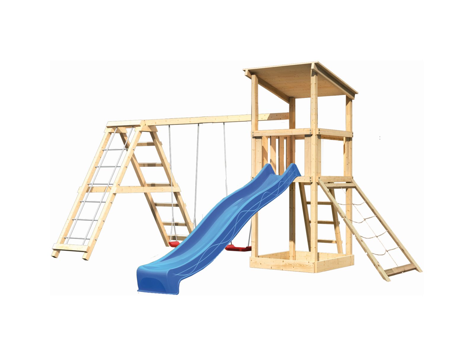 Karibu Spielturm Anna + Rutsche blau + Doppelschaukelanbau Klettergerüst + Netzrampe