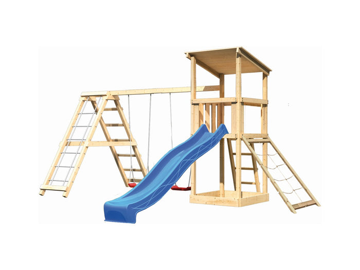 Karibu Spielturm Anna + Rutsche blau + Doppelschaukelanbau Klettergerüst + Netzrampe