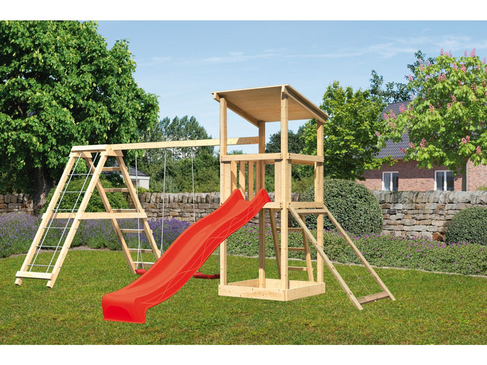 Karibu Spielturm Anna + Rutsche rot + Doppelschaukelanbau Klettergerüst + Netzrampe