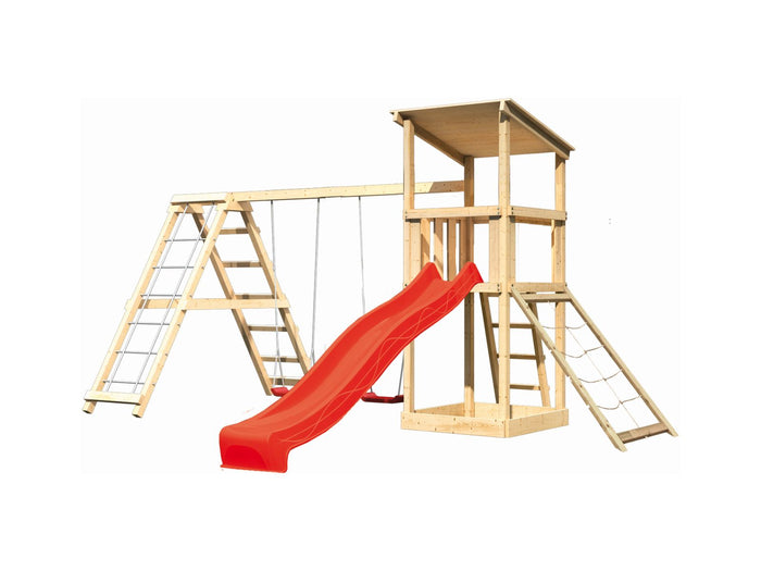 Karibu Spielturm Anna + Rutsche rot + Doppelschaukelanbau Klettergerüst + Netzrampe
