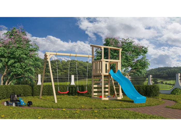Karibu Spielturm Anna + Rutsche blau + Doppelschaukel + Kletterwand