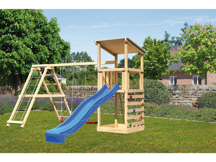 Karibu Spielturm Anna + Rutsche blau + Doppelschaukelanbau Klettergerüst + Kletterwand