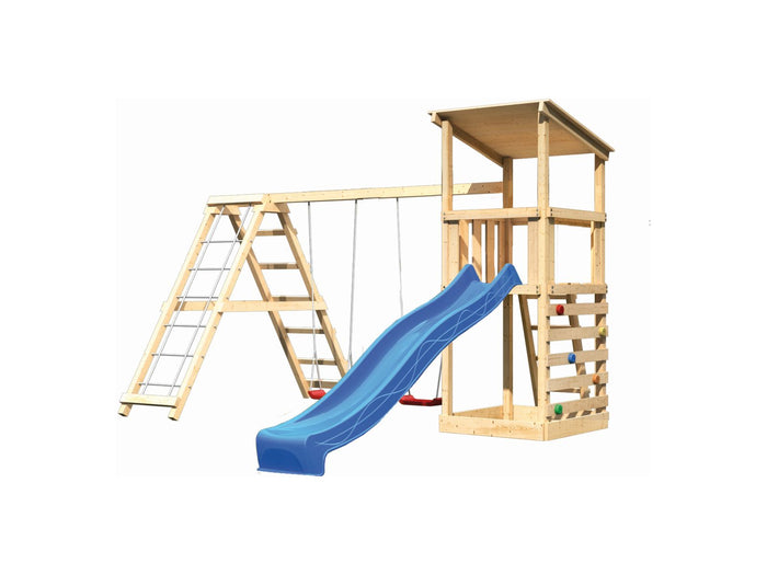 Karibu Spielturm Anna + Rutsche blau + Doppelschaukelanbau Klettergerüst + Kletterwand