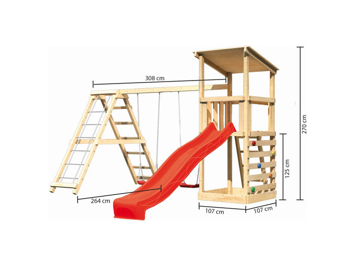 Karibu Spielturm Anna + Rutsche rot + Doppelschaukelanbau Klettergerüst + Kletterwand