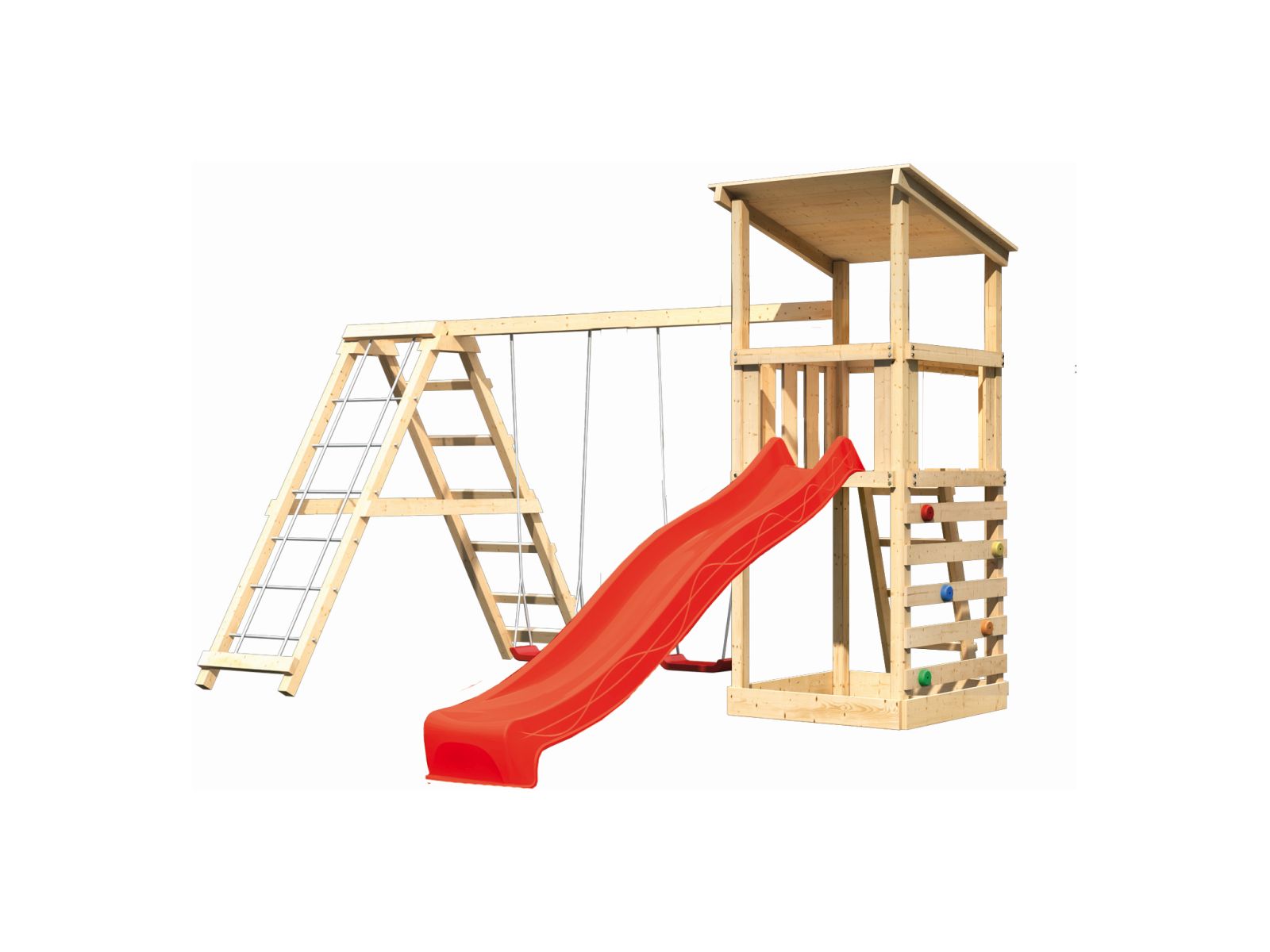 Karibu Spielturm Anna + Rutsche rot + Doppelschaukelanbau Klettergerüst + Kletterwand