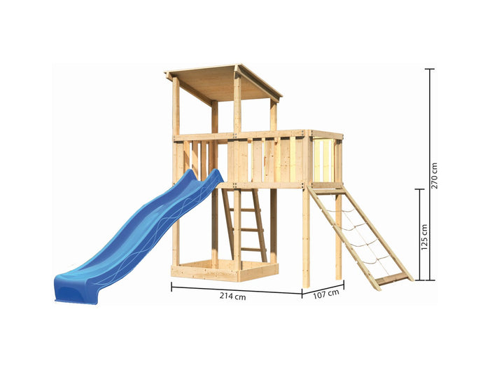Karibu Spielturm Anna + Rutsche blau + Anbauplattform + Netzrampe