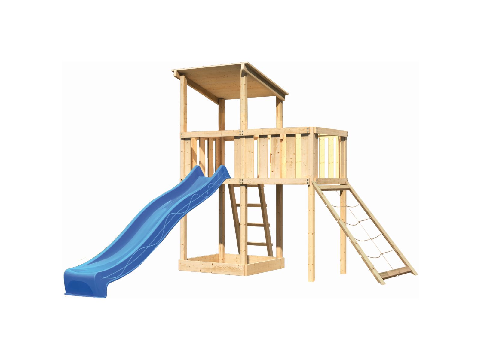 Karibu Spielturm Anna + Rutsche blau + Anbauplattform + Netzrampe