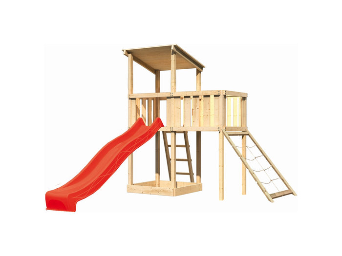 Karibu Spielturm Anna + Rutsche rot + Anbauplattform + Netzrampe