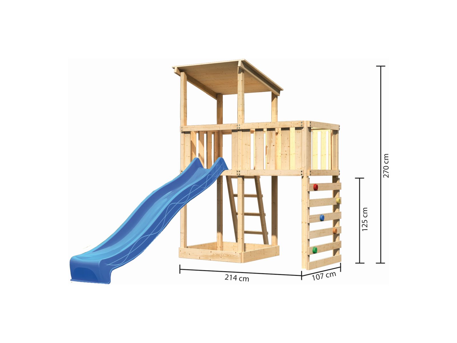 Karibu Spielturm Anna + Rutsche blau + Anbauplattform + Kletterwand