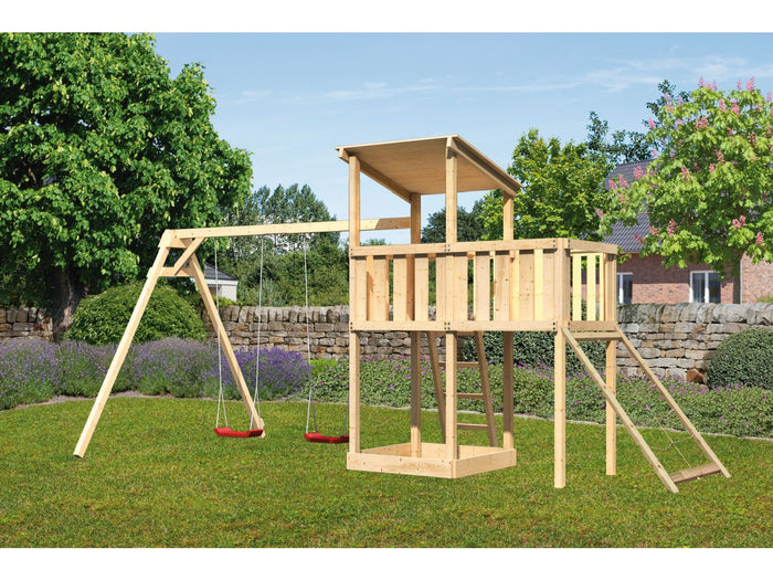 Karibu Spielturm Anna + Doppelschaukel + Anbauplattform + Netzrampe
