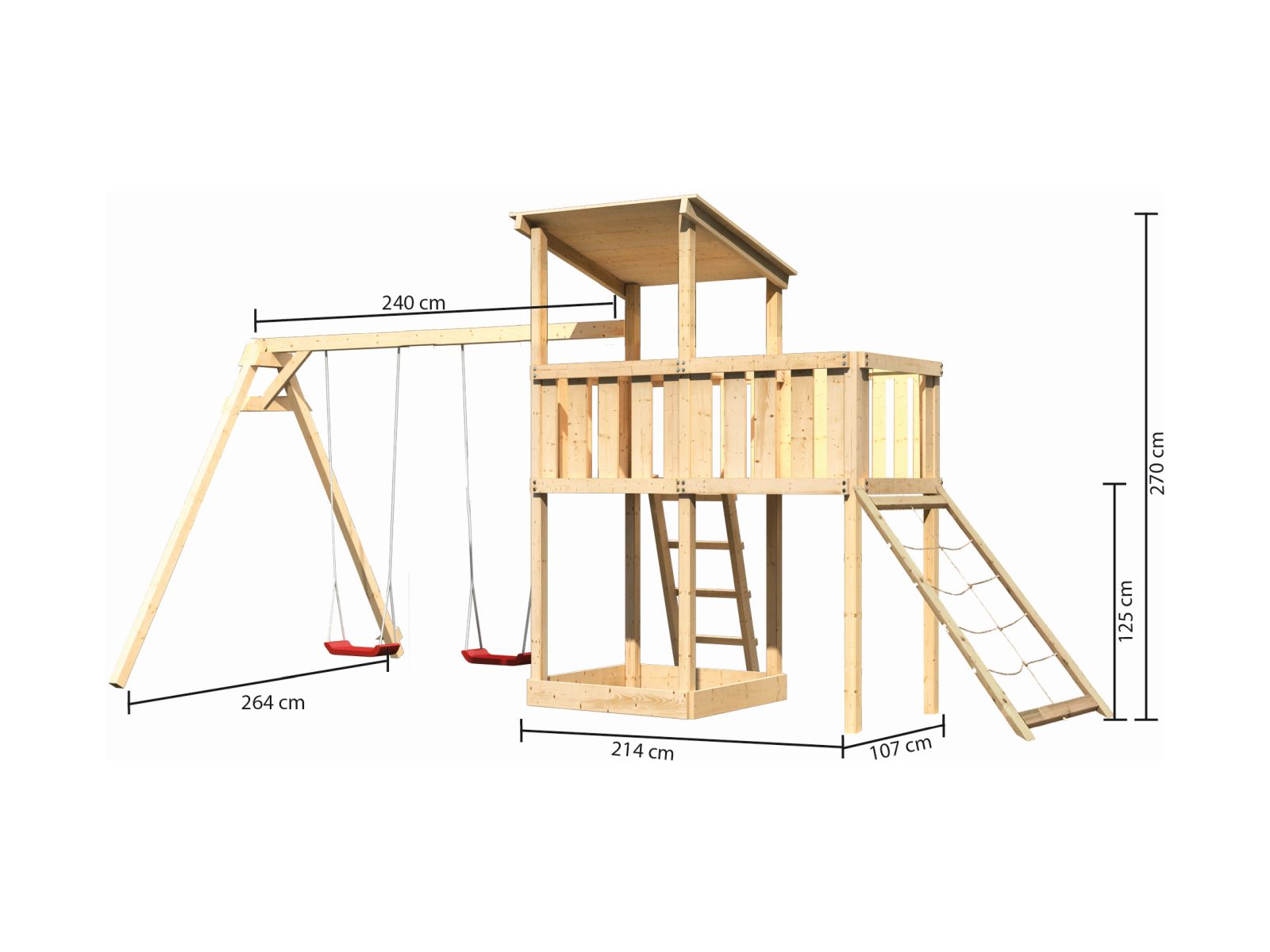 Karibu Spielturm Anna + Doppelschaukel + Anbauplattform + Netzrampe