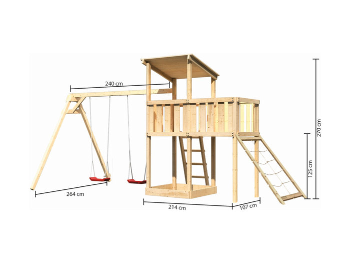 Karibu Spielturm Anna + Doppelschaukel + Anbauplattform + Netzrampe