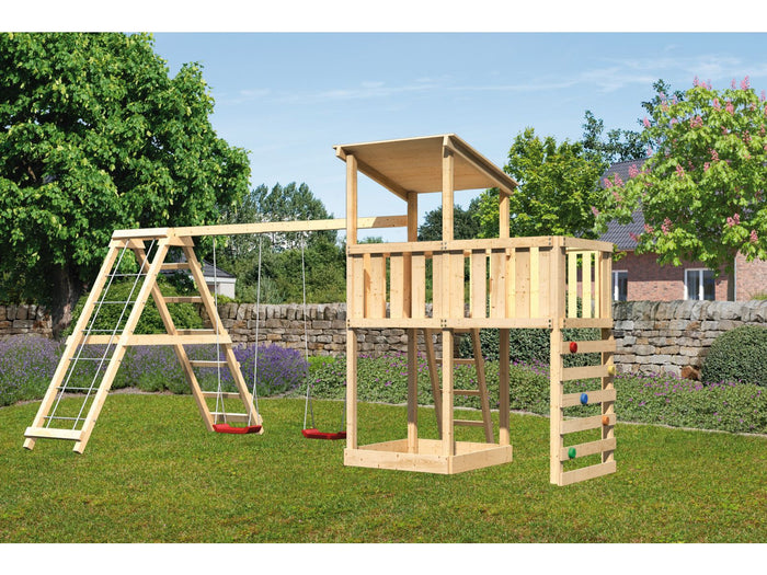 Karibu Spielturm Anna + Doppelschaukelanbau Klettergerüst + Anbauplattform + Kletterwand