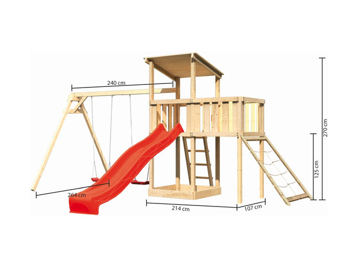 Karibu Spielturm Anna + Rutsche rot + Doppelschaukel + Anbauplattform + Netzrampe