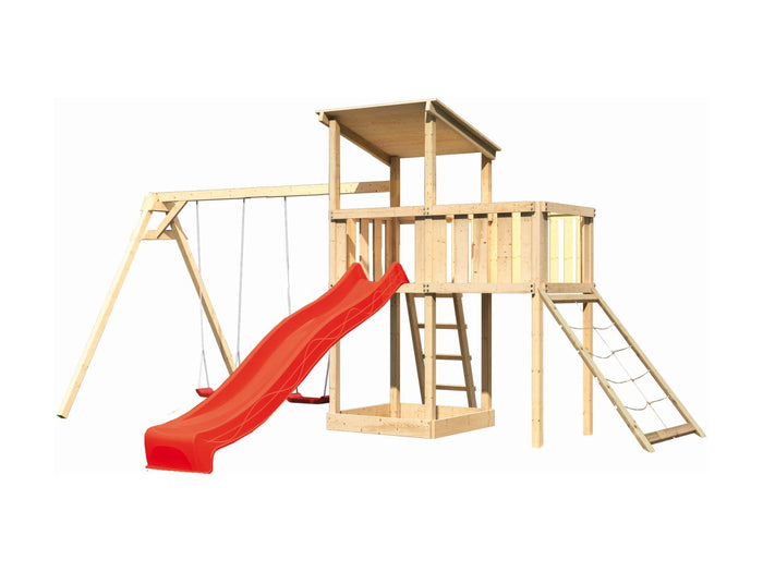 Karibu Spielturm Anna + Rutsche rot + Doppelschaukel + Anbauplattform + Netzrampe