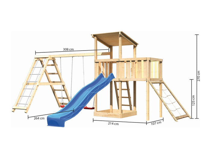 Karibu Spielturm Anna + Rutsche blau + Doppelschaukelanbau Klettergerüst + Anbauplattform + Netzramp