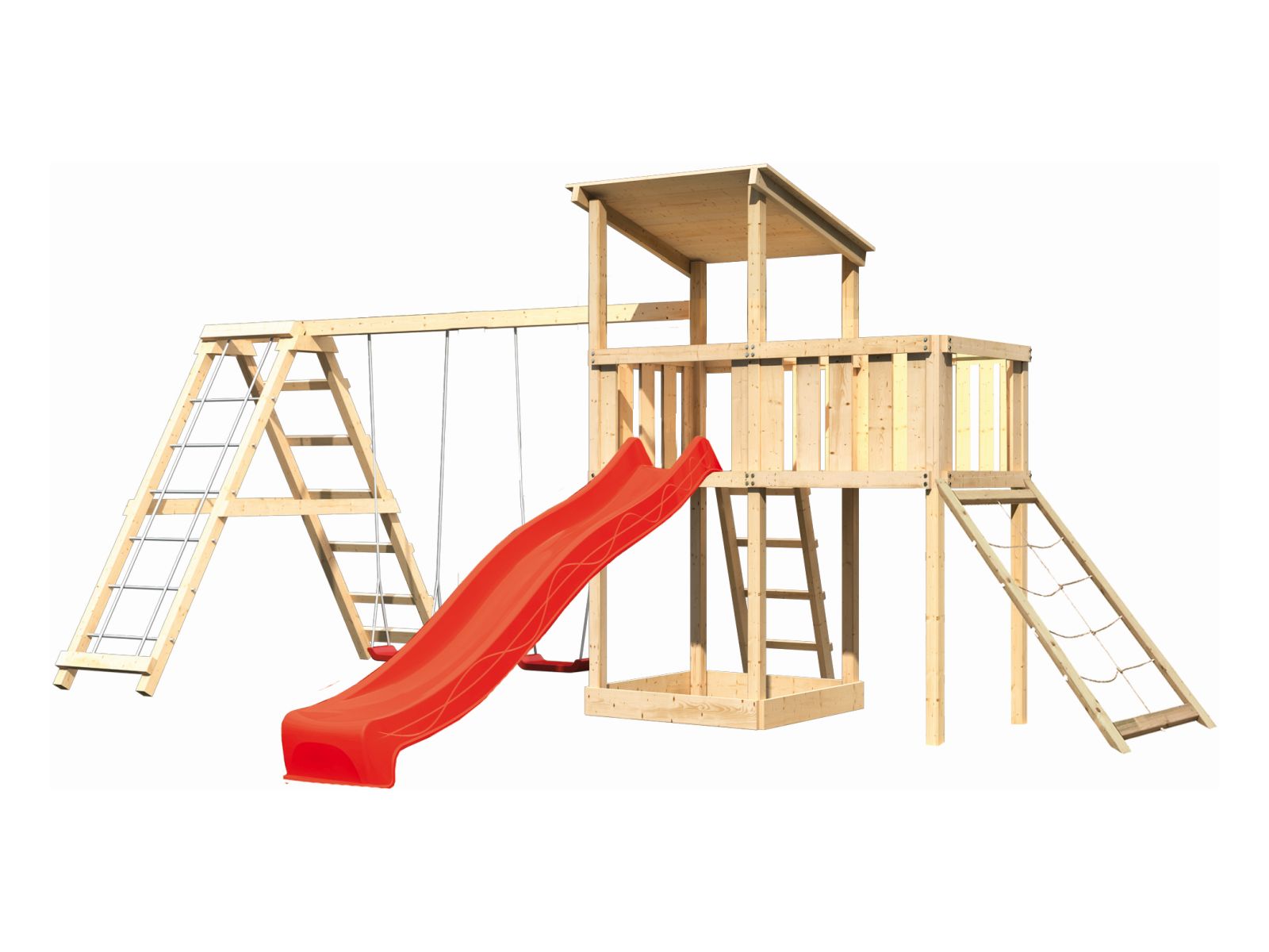 Karibu Spielturm Anna + Rutsche rot + Doppelschaukelanbau Klettergerüst + Anbauplattform + Netzrampe