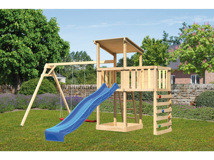 Karibu Spielturm Anna + Rutsche blau + Doppelschaukel + Anbauplattform + Kletterwand