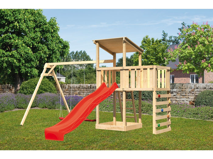 Karibu Spielturm Anna + Rutsche rot + Doppelschaukel + Anbauplattform + Kletterwand