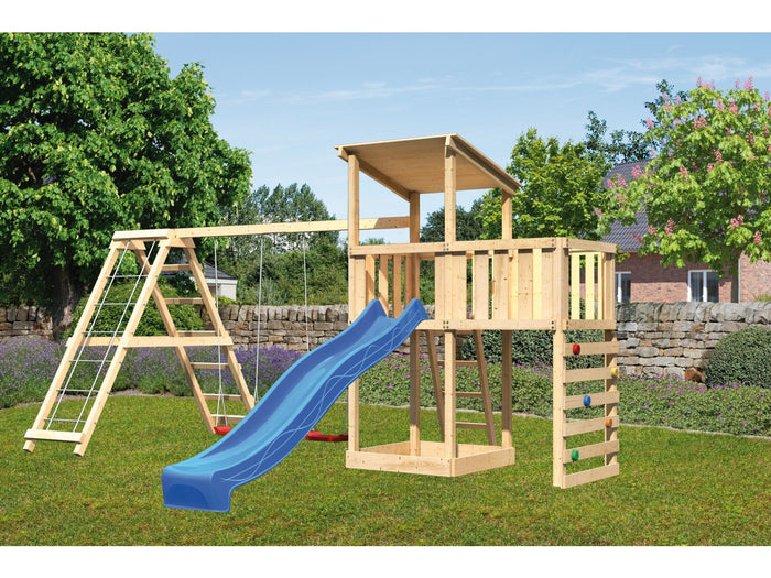 Karibu Spielturm Anna + Rutsche blau + Doppelschaukelanbau Klettergerüst + Anbauplattform + Kletterw