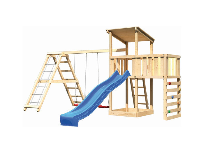 Karibu Spielturm Anna + Rutsche blau + Doppelschaukelanbau Klettergerüst + Anbauplattform + Kletterw