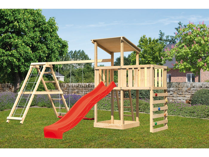 Karibu Spielturm Anna + Rutsche rot + Doppelschaukelanbau Klettergerüst + Anbauplattform + Kletterwa