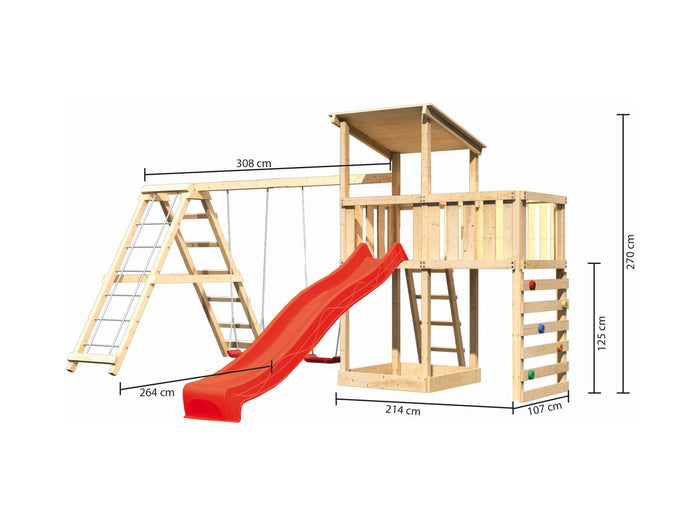 Karibu Spielturm Anna + Rutsche rot + Doppelschaukelanbau Klettergerüst + Anbauplattform + Kletterwa