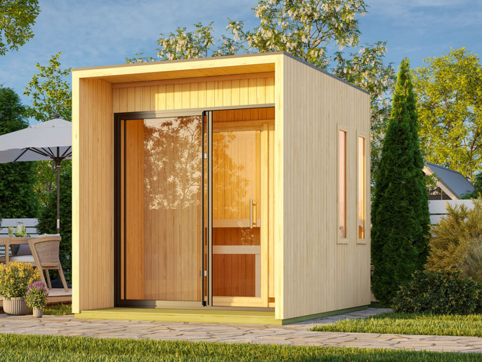 Karibu Saunahaus Catalina, natur -inkl. 9 kW Bioofen ext. Steuerung Wifi HUUM- inkl. Vorraum, 73 mm