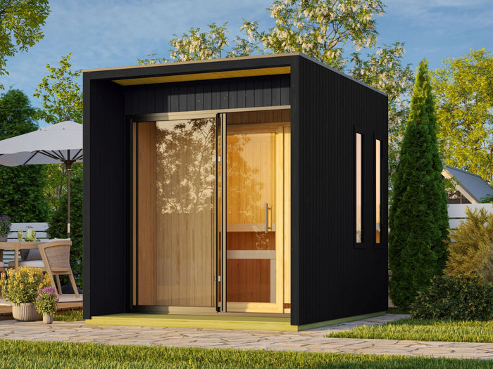 Karibu Saunahaus Catalina, schwarz-inkl. 9 kW Ofen ext. Steuerung Wifi HUUM- inkl. Vorraum, 73 mm