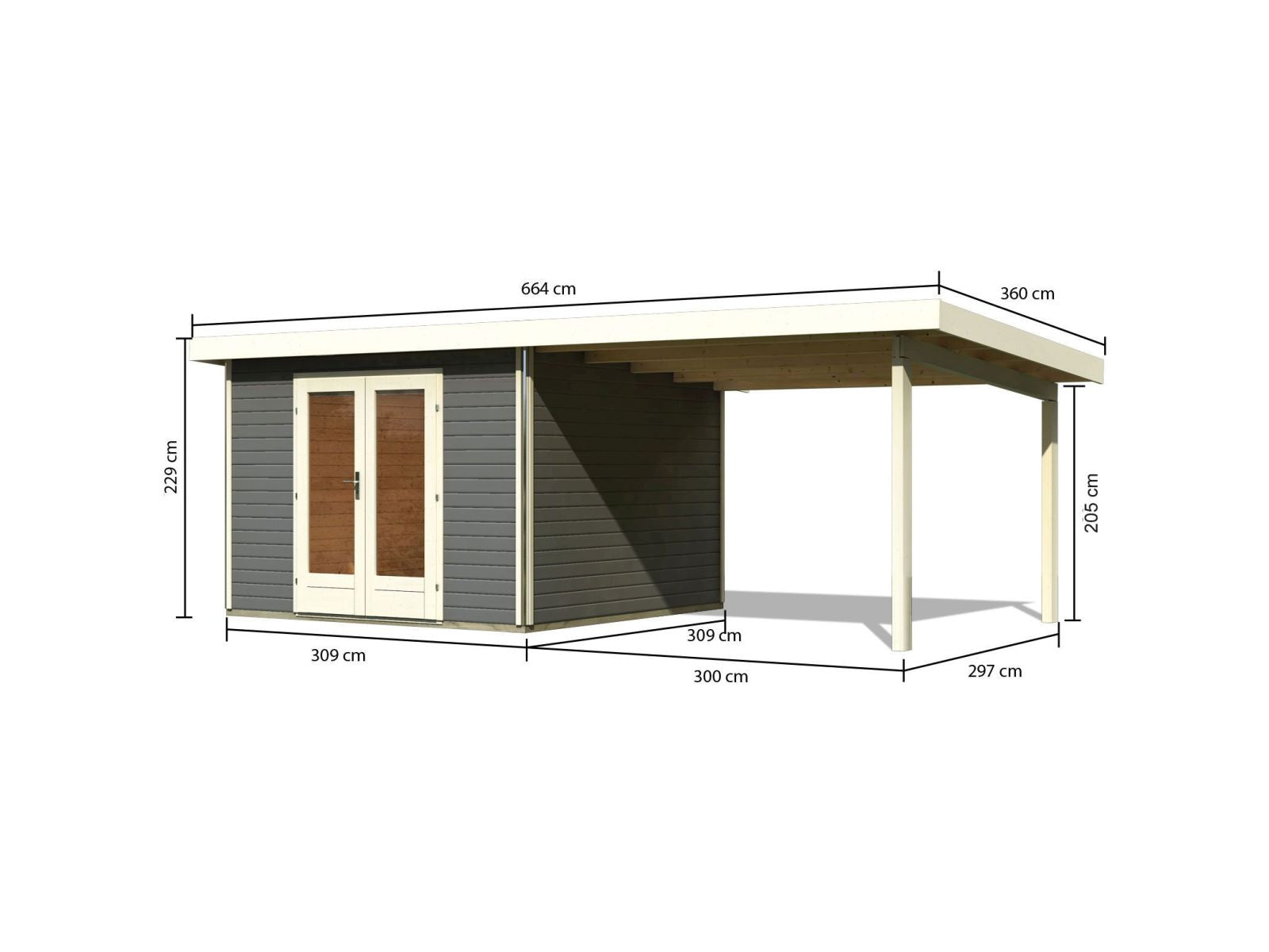 Karibu Gartenhaus Radeburg 1 terragrau mit Anbaudach 3,3 m