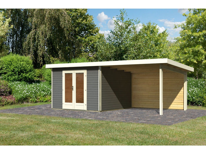 Karibu Gartenhaus Radeburg 1 terragrau mit Anbaudach 3,3 m inkl. Rückwand