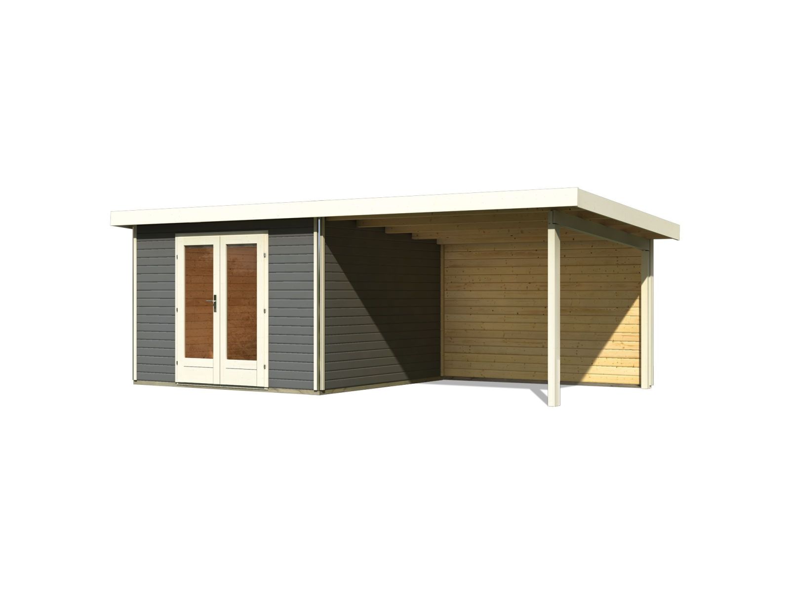 Karibu Gartenhaus Radeburg 1 terragrau mit Anbaudach 3,3 m inkl. Rückwand