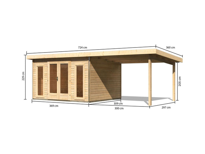 Karibu Gartenhaus Radeburg 2 natur 38 mm mit Anbaudach 3,3 m
