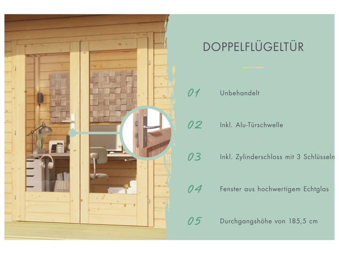 Karibu Gartenhaus Radeburg 2 natur 38 mm mit Anbaudach 3,3 m