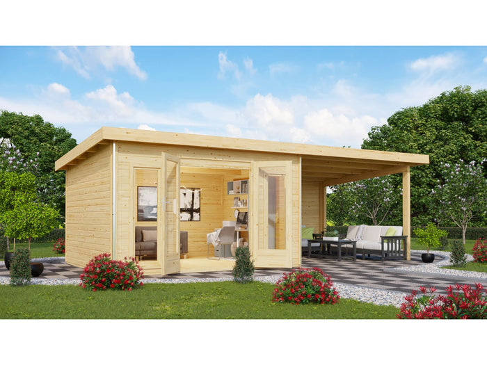 Karibu Gartenhaus Radeburg 2 natur 38 mm mit Anbaudach 3,3 m und Rückwand