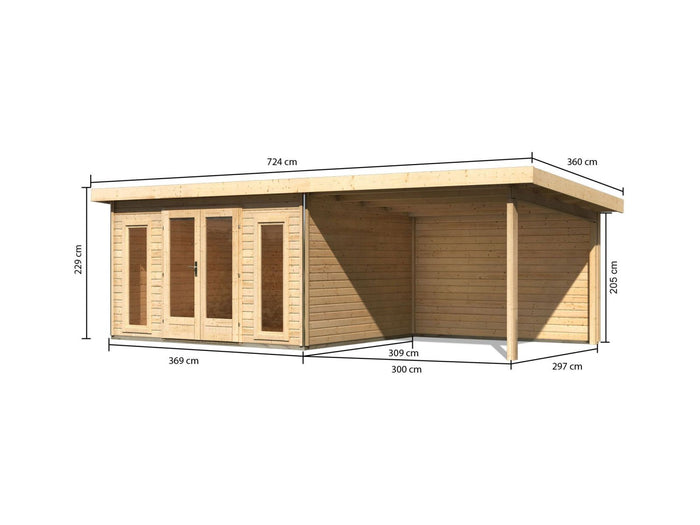 Karibu Gartenhaus Radeburg 2 natur 38 mm mit Anbaudach 3,3 m und Rückwand